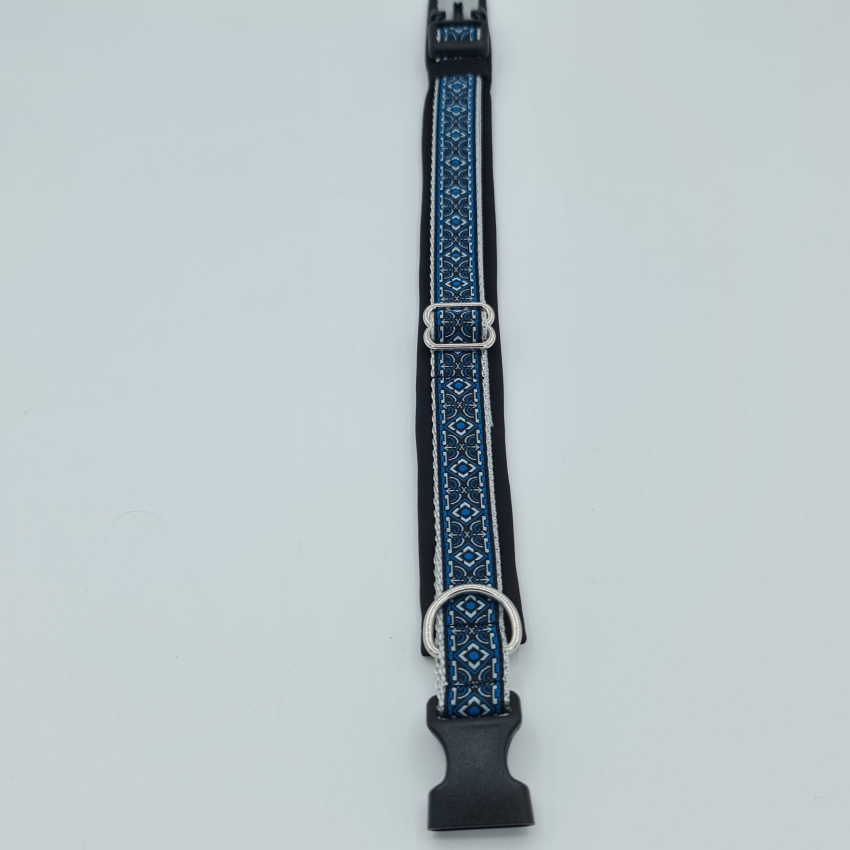 Halsband schwarz-blau-grau mit edler Bordüre verstellbar & gepolstert